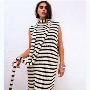 Zara women’s striped crochet knit sleeveless oversized midi dress size M/L beach